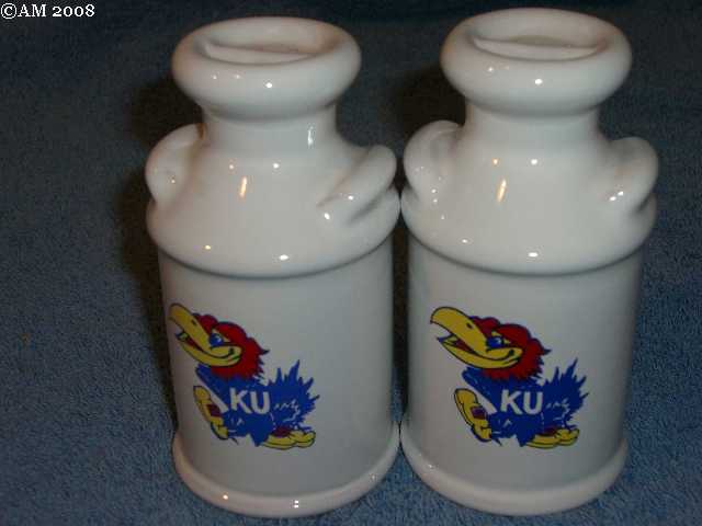 Frankoma Milk Can shakers glazed white with KU decal